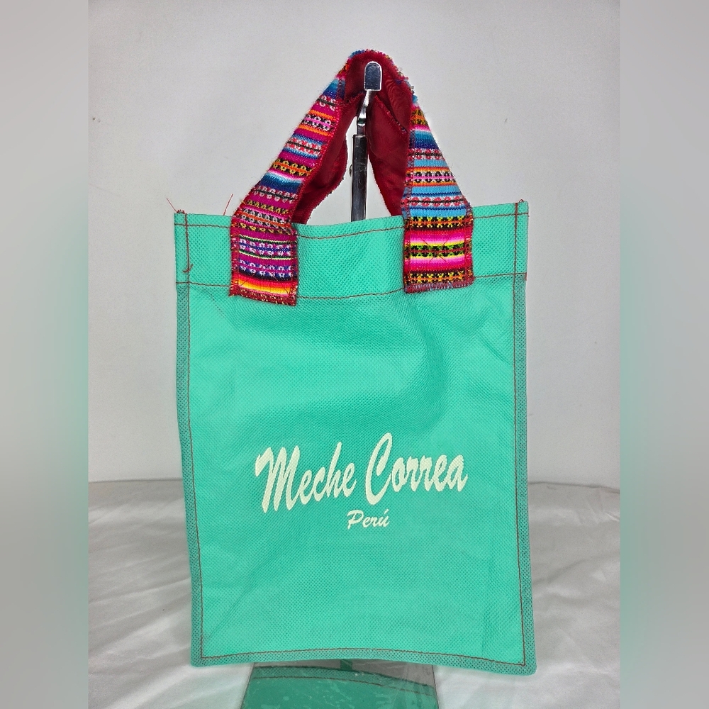 Meche Correa 12" X 9"inch Small Shopping bag Green w/ Inca Fabric Handles - Picture 1 of 6